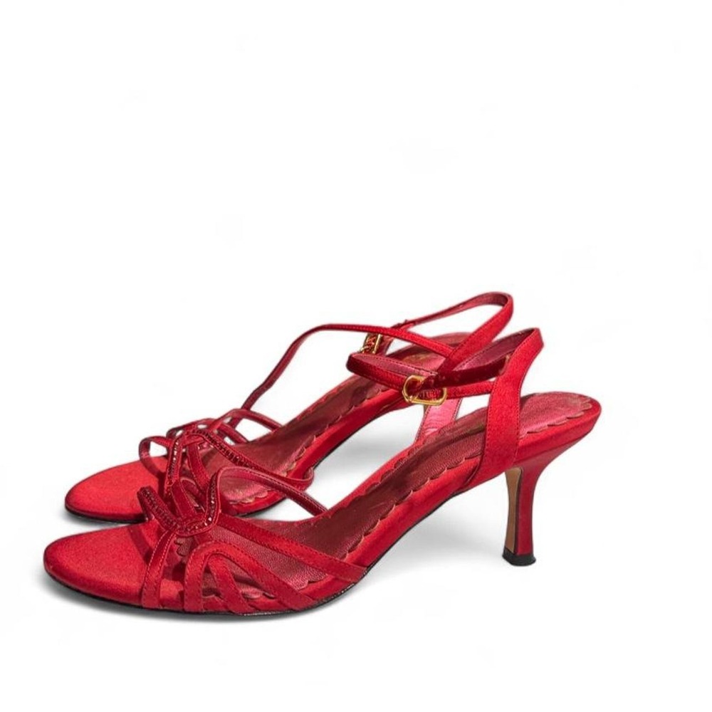 BP Red Satin Rhinestone Strappy Heels Y2K Kitten Heel Sandals Size 7M BP